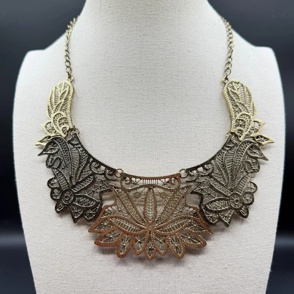 Antique Gold Tone Filigree Floral Bib Necklace Boho Statement Festival Jewelry